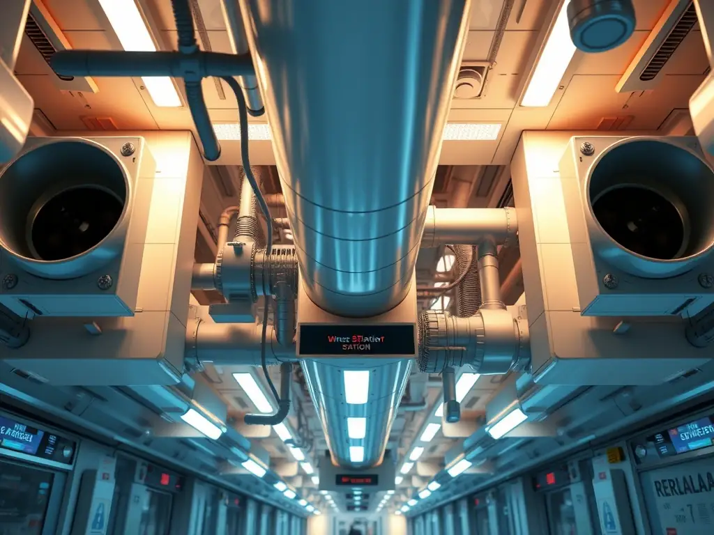 A BIM model of a metro railway station's ventilation system, showing air ducts, fans, and control systems, designed for optimal air quality and energy efficiency.