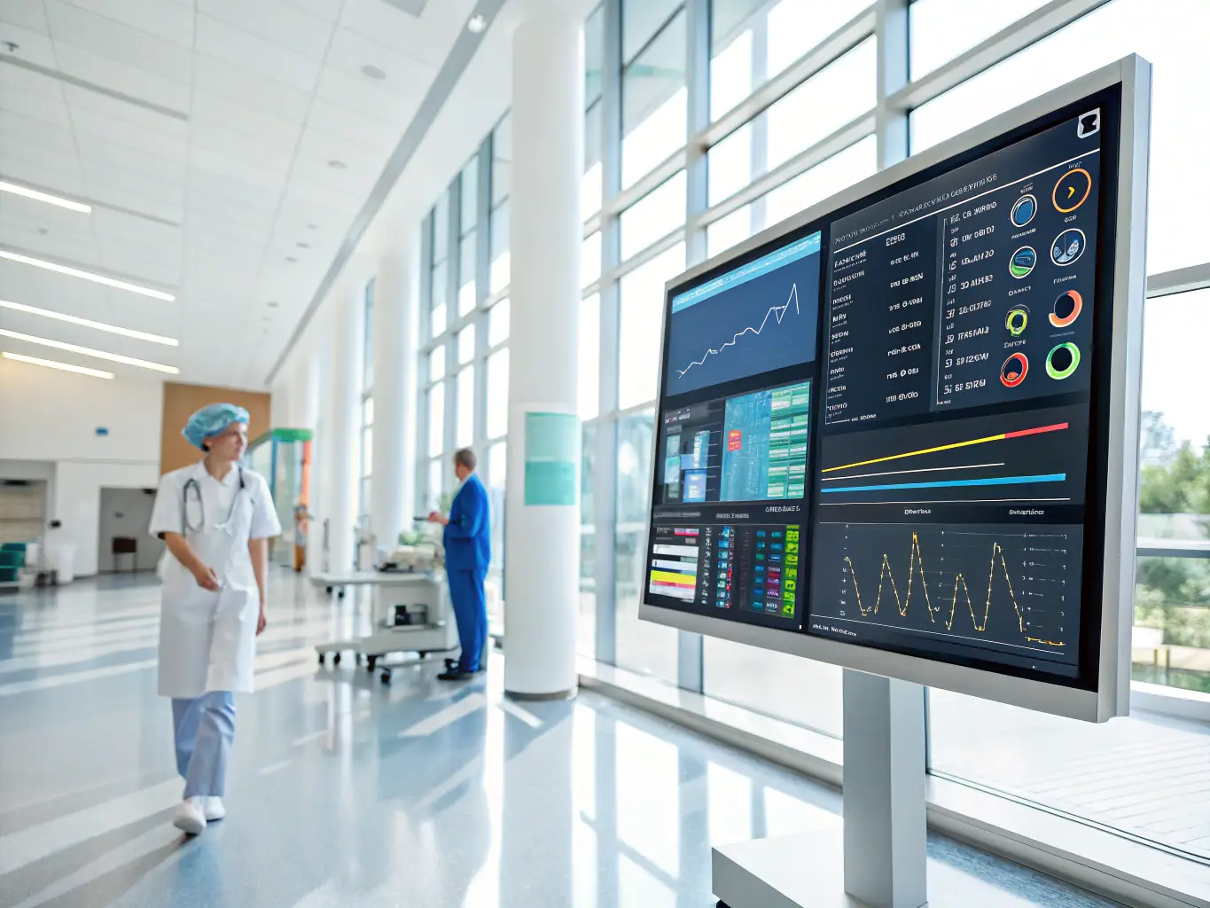 A detailed 3D BIM model of a hospital's MEP system, showcasing intricate piping, electrical conduits, and HVAC components, rendered in a professional and technical style.