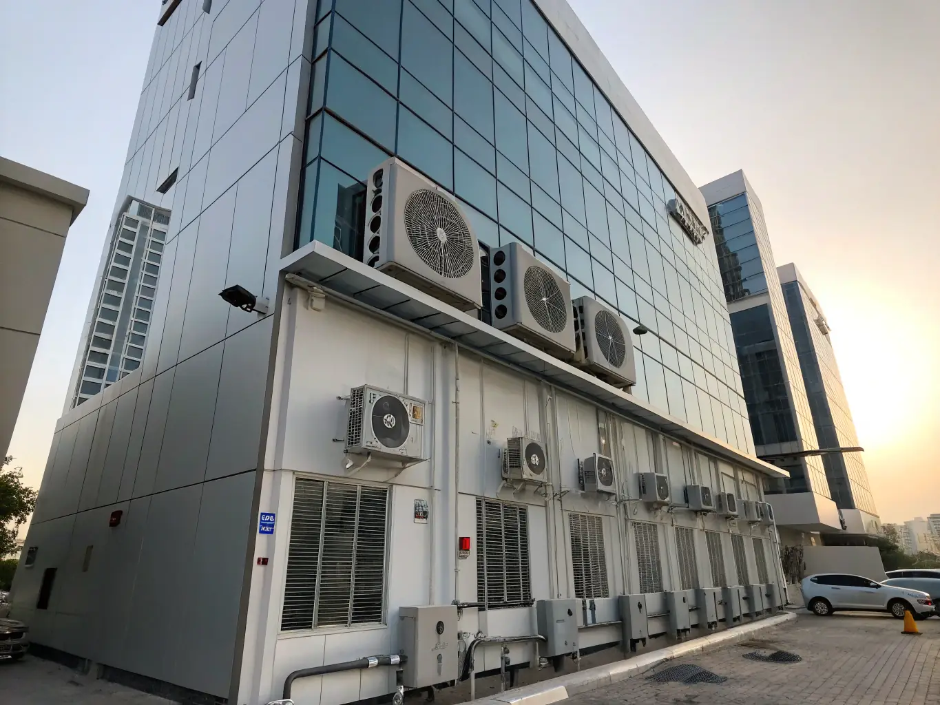 A contemporary commercial building with visible HVAC systems, highlighting energy-efficient design.