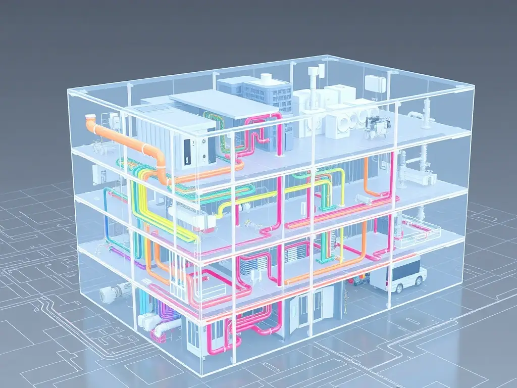 A digital illustration of a complex BIM model of a hospital's MEP systems, highlighting the precision and detail of Emrose E-World's drafting services.